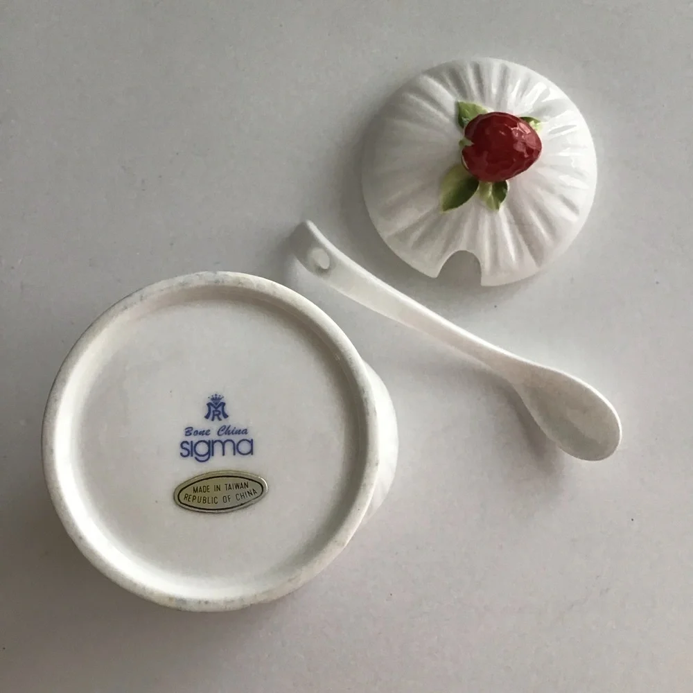 Jam Jar Bone China Covered Strawberry Marmalade Preserves Lid Spoon Vintage